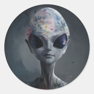 Gray Alien Floral Watercolor Art Classic Round Sticker