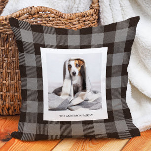 Gray and Black Buffalo Plaid Family Photo Throw Pillow
