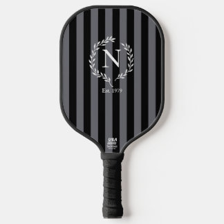 Gray and Black Stripes Monogram Wreath Est Year Pickleball Paddle
