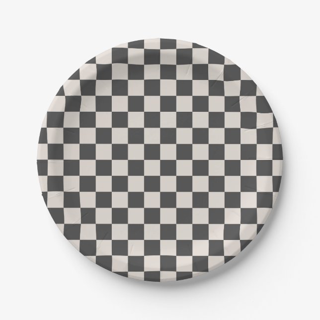Gray and Cream Checkerboard Party Paper Plate (Front)