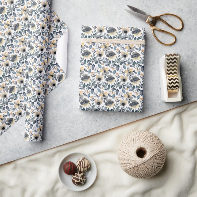"Gray and Gold Flowers Wrapping Paper (Crafts)