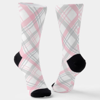 Gray and Pink Plaid Crew Socks