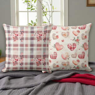 Gray and Red Gingham Hearts Double Sided Throw Pillow