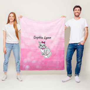 Gray and White Cat Personalized Girl's Pink Fleece Blanket