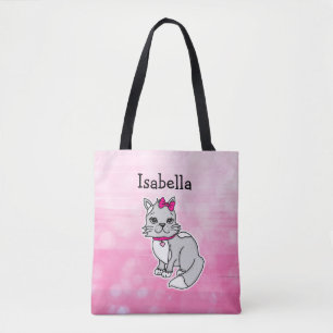 Gray and White Cat Personalized Girl's Pink Tote Bag