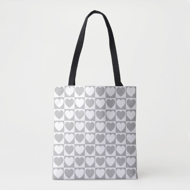 Gray and White Checkered Pattern With Hearts Tote Bag (Front)