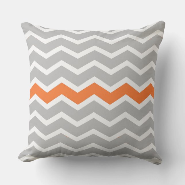 Gray and White Chevron Zigzag with Orange Accent Throw Pillow (Front)