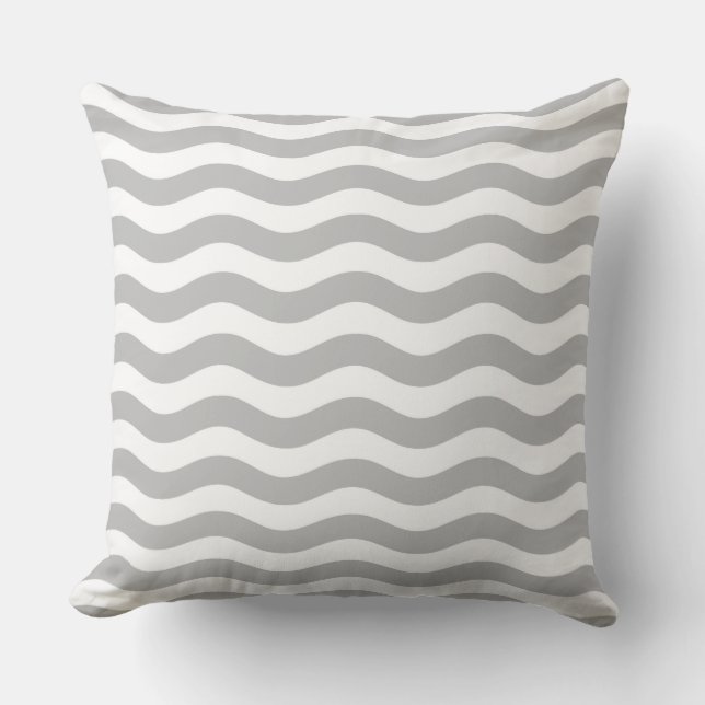 Gray and White Coastal Wave Pattern Outdoor Pillow (Front)