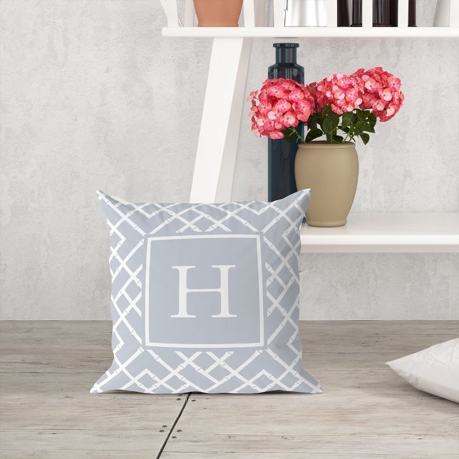 Gray and White Geometric Bamboo Lattice Monogram Throw Pillow (Creator Uploaded)
