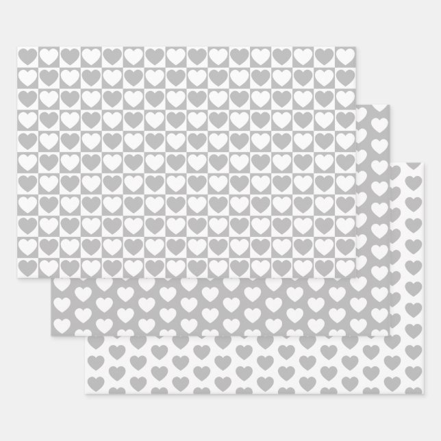 Gray and White Hearts Wrapping Paper Sheet (Set)