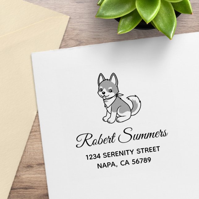 Gray and White Husky Puppy Dog Address Rubber Stamp (Creator Uploaded)
