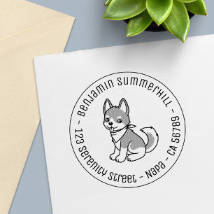 Gray and White Husky Puppy Dog Round Address Self-inking Stamp