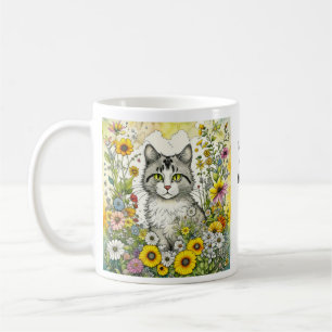 Gray and White Kitty Cat Sitting in Flowers Coffee Mug