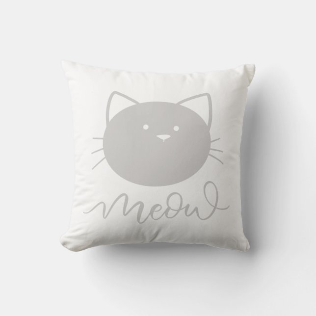 Gray and White Meow Cat Head Throw Pillow (Front)