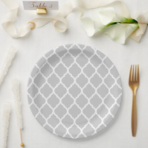 Gray and White Moroccan Quatrefoil Paper Plate
