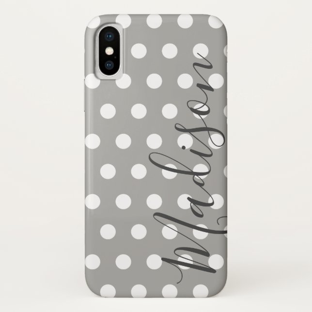 Gray and White Polka Dot  Personalized Name Case-Mate iPhone Case (Back)