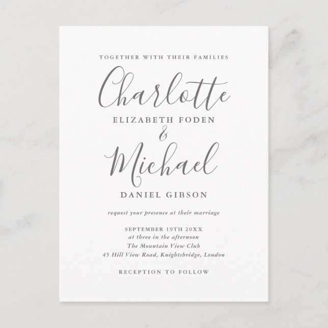 Gray And White Signature Script Photo Wedding Invitation Postcard (Front)