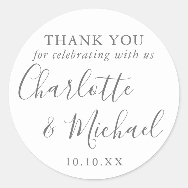 Gray And White Signature Wedding Favor Thank You Classic Round Sticker (Front)