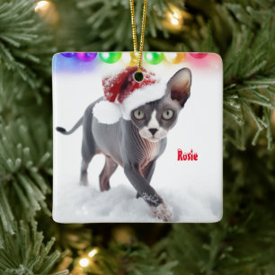 Gray and White Sphynx Cat Christmas Ceramic Ornament