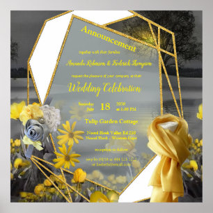 Gray and yellow tulips, daisies with a sunset poster