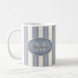 Gray & Antique White Stripes Oval Framed Monogram Coffee Mug