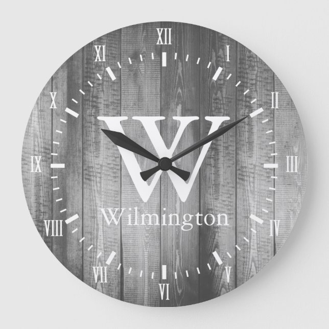 Gray Barn Wood Planks White Roman Numerals Name Large Clock (Front)