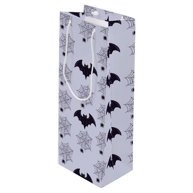 GRAY & BLACK HALLOWEEN SPIDER WEBS BATS WINE GIFT BAG (Front Angled)