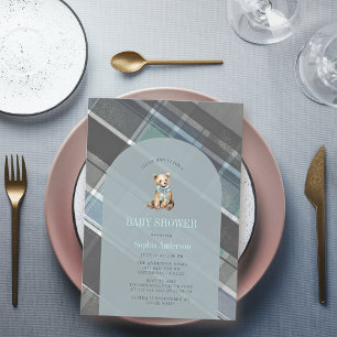 Gray & Blue Plaid Teddy Bear Boy Baby Shower Invitation