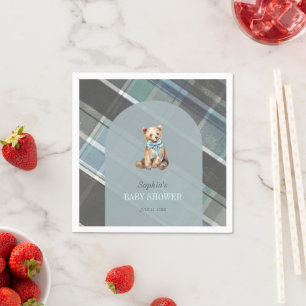 Gray & Blue Plaid Teddy Bear Boy Baby Shower Napkin