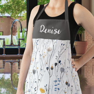 Gray Blue Watercolor Wildflower Custom Name Apron
