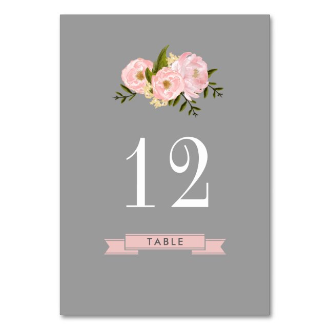 Gray | Blush Pink Peonies Watercolor Wedding Table Number (Front)