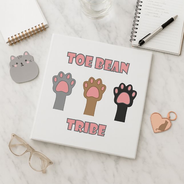 Gray Brown Black Kitty Paw Print Toe Bean Tribe Binder (A binder with cat paws and the words toe bean tribe in pink with gray outline.)