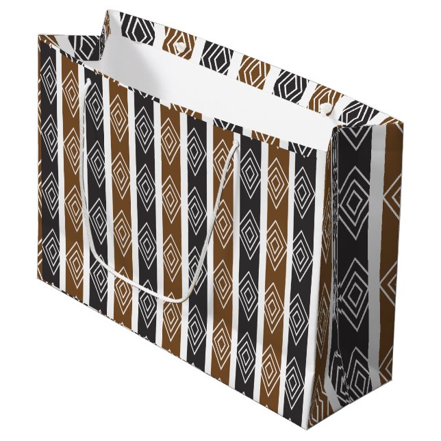 Gray Brown Geometric Diamond Stripes Large Gift Bag (Front Angled)