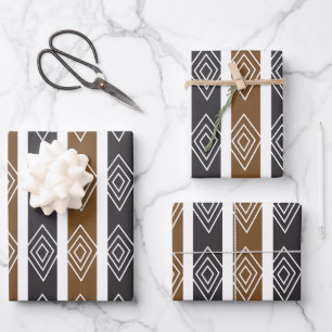 Gray Brown Geometric Diamond Stripes Wrapping Paper Sheet