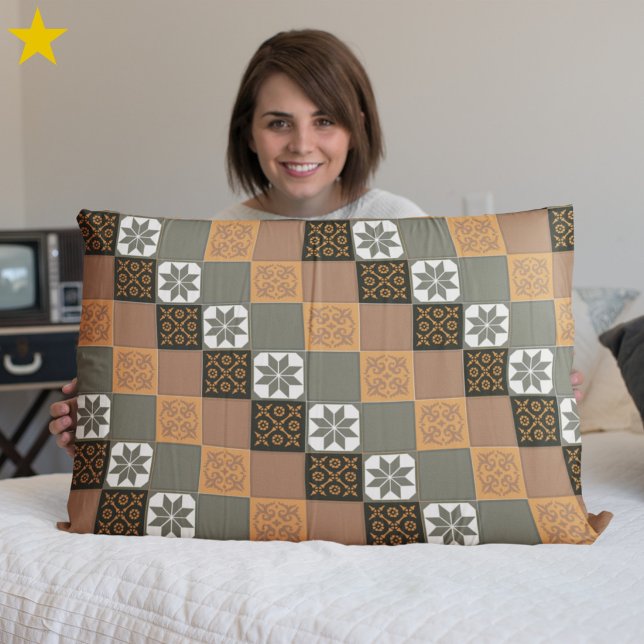 Gray Brown Orange Classic European Mosaic Tiles Pillowcase (Creator Uploaded)