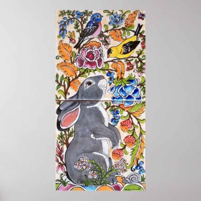 Gray Bunny Rabbit Jacobean Floral Bird Tile Poster (Front)