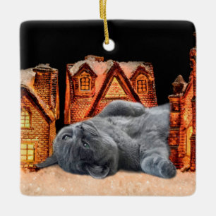 Gray Cat Christmas Ceramic Ornament