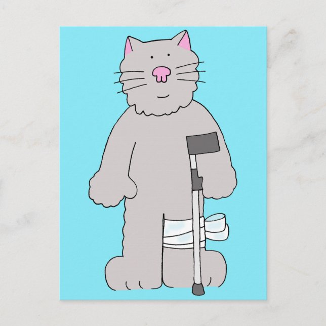 Gray Cat on Crutch Knee Surgery Recovery Postcard (Front)