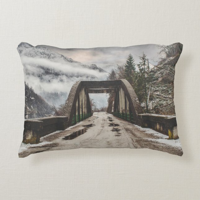 GRAY CONCRETE ARCH BRIDE BESIDE LEAFLESS TREE NEAR ACCENT PILLOW (Front)