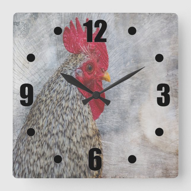 Gray Country Rooster Square Wall Clock (Front)