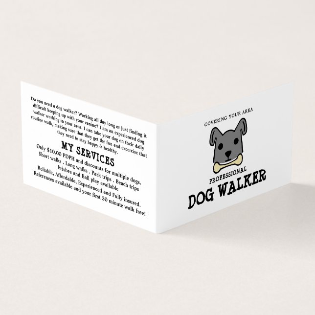 Gray Dog with Bone, Dog Walker Detailed Business Card (Outside)