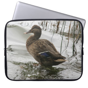 Gray duck on dark the lake laptop sleeve