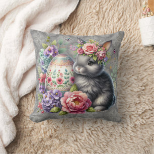 Gray Easter Bunny Damask Pattern Throw Pillow