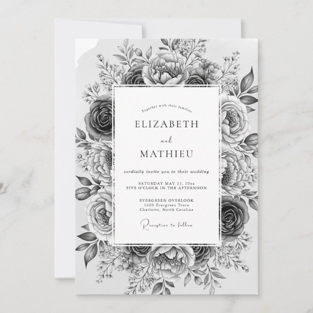 Gray Floral Romantic Wedding Invitation (Front)