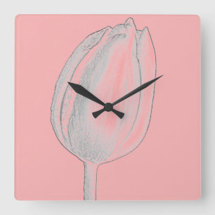 Gray Floral Salmon Pink Orange Tulips Cute Square Wall Clock
