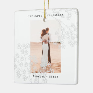 Gray Floral Typewriter   Merry and Married Photo Ceramic Ornament