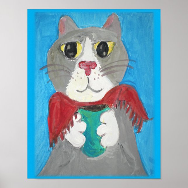 Gray Folk Art Cat With Coffee Painting Poster (Front)