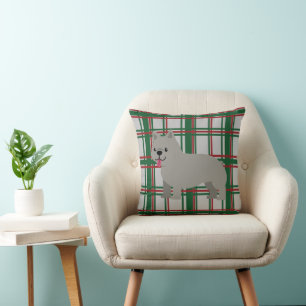 Gray French Bulldog, Christmas Plaid Throw Pillow