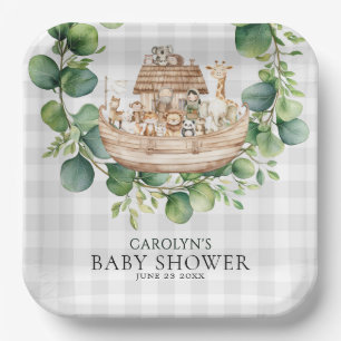 Gray Gingham Watercolor Noah's Ark Baby Shower  Paper Plate