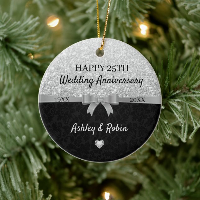 Gray Glitter And Black Damask Ceramic Ornament (Tree)